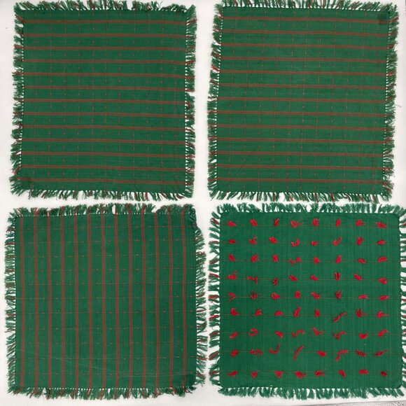 4 Cloth Napkins Green Red‎ Fringe Square Christmas Holiday One Unique Striped - Picture 12 of 15